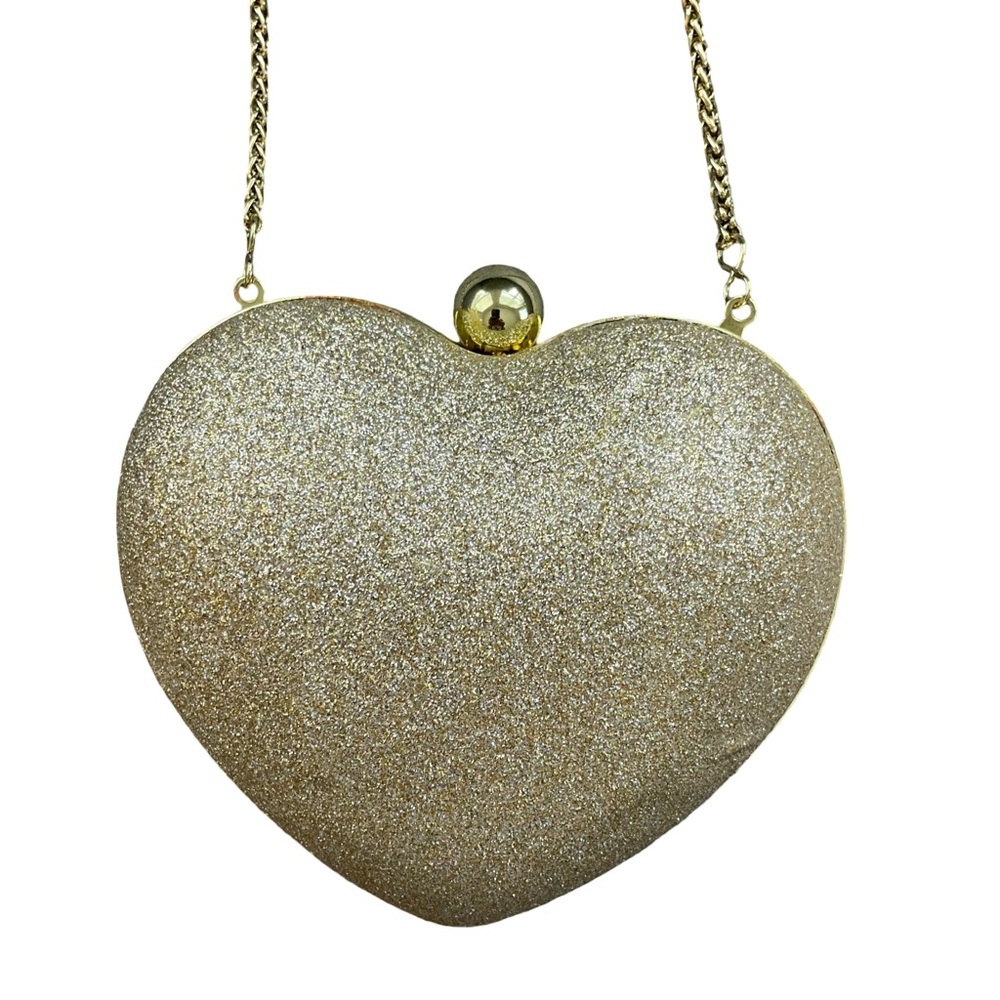 Nina Gold Glitter Heart Clutch Evening Bag Chain Strap Formal Party Purse